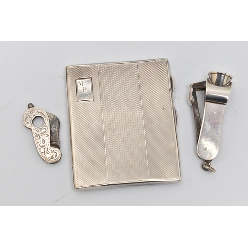 151 - THREE SILVER ITEMS OF SMOKING PARAPHERNALIA, to include a rectangular hinged cigarette cased with en... 