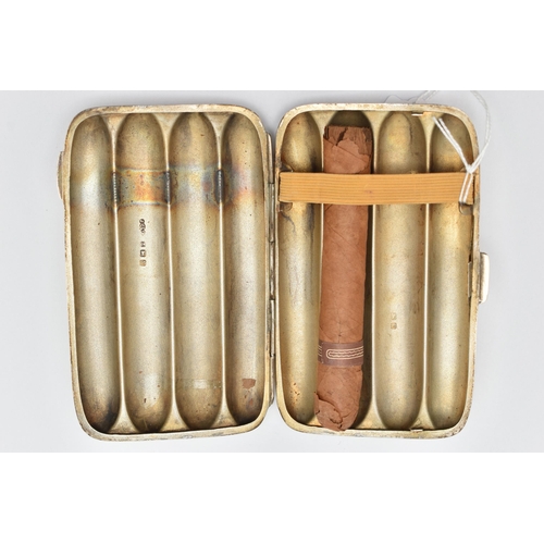 153 - A 1920'S SILVER CIGAR CASE AND CIGAR, the hinged case with engine turned decoration, opening to reve... 