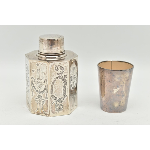 155 - A SILVER TEA CADDY AND A SILVER TRAVEL CUP, the octagonal tea caddy with engraved decoration hallmar... 