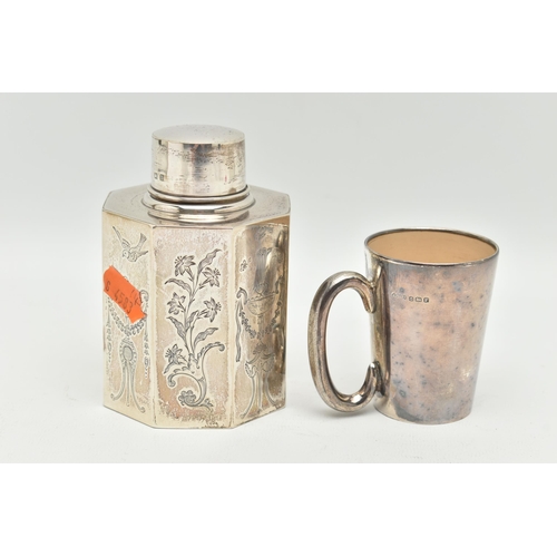 155 - A SILVER TEA CADDY AND A SILVER TRAVEL CUP, the octagonal tea caddy with engraved decoration hallmar... 