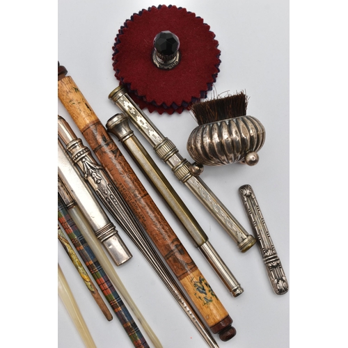 160 - A BOX OF ASSORTED PENCILS AND QUILLS, to include a propelling pencil, stamped sterling, fitted with ... 