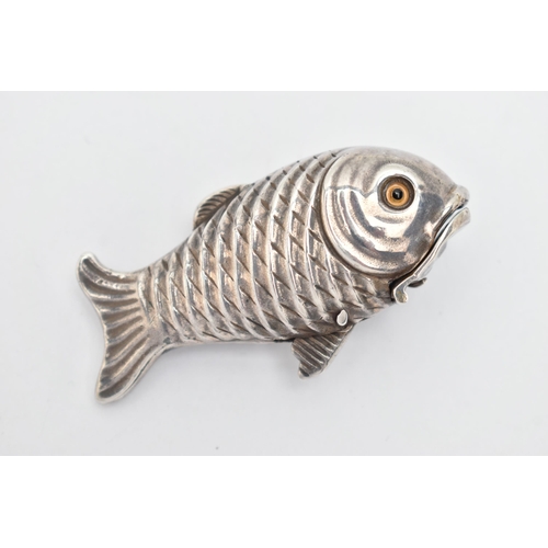 162 - A ELIZABETH II NOVELTY SILVER VESTA CASE, designed as a fish with a spring action lower mouth and gl... 