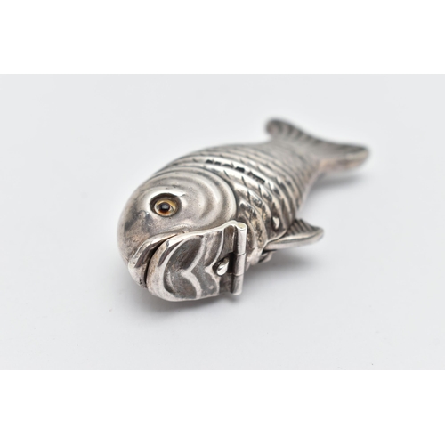 162 - A ELIZABETH II NOVELTY SILVER VESTA CASE, designed as a fish with a spring action lower mouth and gl... 