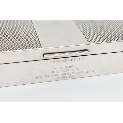 163 - A WHITE METAL CIGARETTE BOX, of a rectangular form, engine turned pattern, personal engraving to the... 