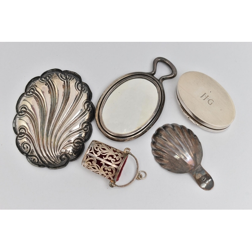 166 - FIVE ITEMS OF SILVER, to include an oval polished snuff box, hinged cover, engraved initials 'J.J.G'... 