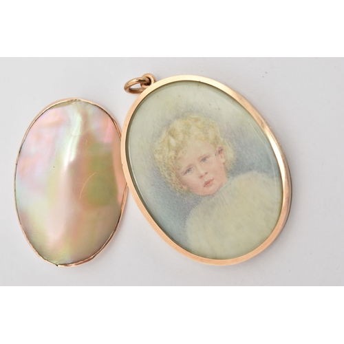 170 - A YELLOW METAL PORTRAIT MINATURE PENDANT AND A MOTHER OF PEARL BROOCH, the oval pendant, depicting a... 