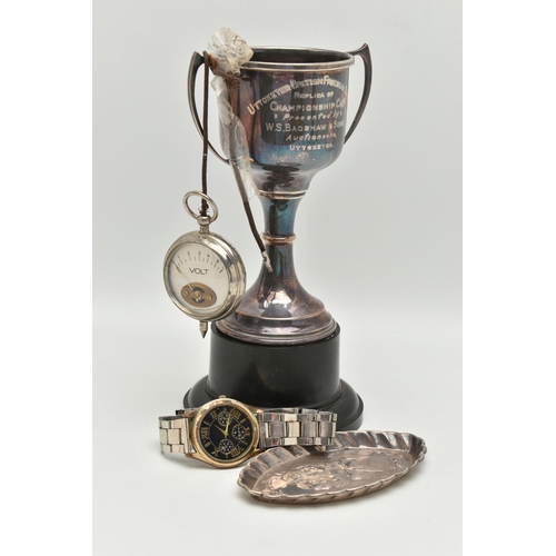 175 - A SMALL ASSORTMENT OF SILVER AND OTHER ITEMS, to include a silver replica trophy, fitted to a plasti... 