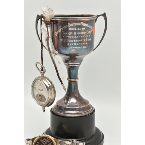 175 - A SMALL ASSORTMENT OF SILVER AND OTHER ITEMS, to include a silver replica trophy, fitted to a plasti... 