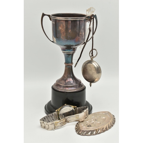 175 - A SMALL ASSORTMENT OF SILVER AND OTHER ITEMS, to include a silver replica trophy, fitted to a plasti... 