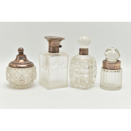 177 - FOUR SILVER TOPPED GLASS JARS, glass scent bottle with stopper and silver collar, hallmarked London,... 