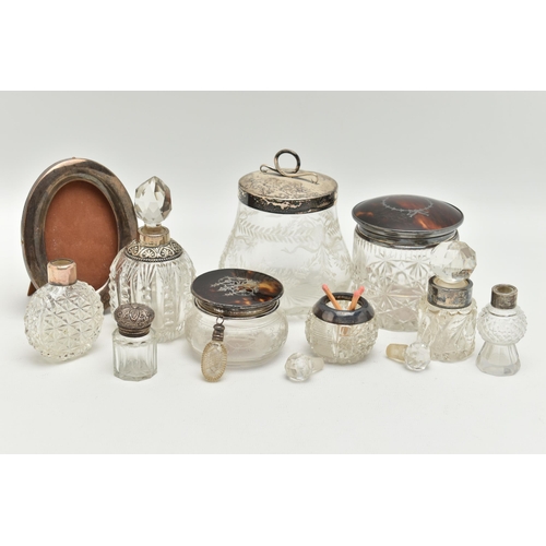 178 - A BOX OF ASSORTED SILVER MOUNTED VANITY JARS AND SCENT BOTTLES, to include a small round glass jar w... 