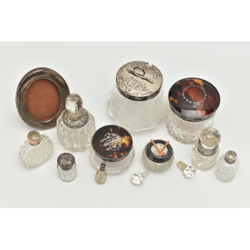 178 - A BOX OF ASSORTED SILVER MOUNTED VANITY JARS AND SCENT BOTTLES, to include a small round glass jar w... 