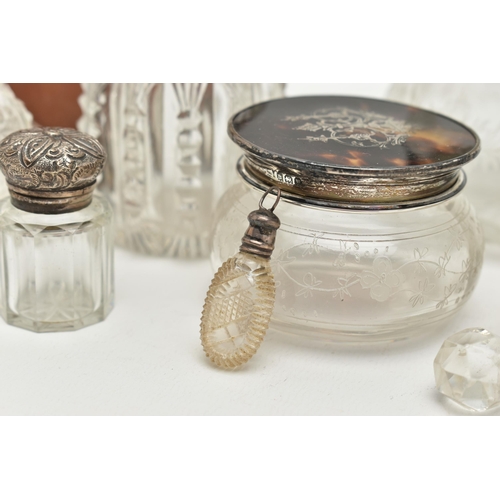 178 - A BOX OF ASSORTED SILVER MOUNTED VANITY JARS AND SCENT BOTTLES, to include a small round glass jar w... 