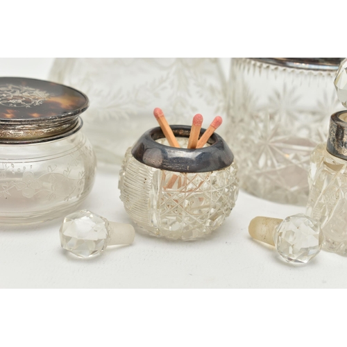 178 - A BOX OF ASSORTED SILVER MOUNTED VANITY JARS AND SCENT BOTTLES, to include a small round glass jar w... 