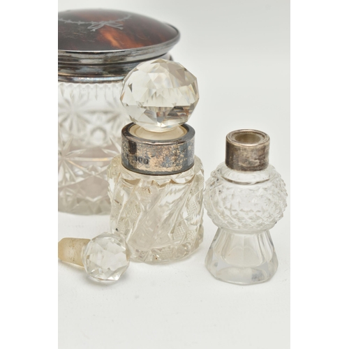 178 - A BOX OF ASSORTED SILVER MOUNTED VANITY JARS AND SCENT BOTTLES, to include a small round glass jar w... 