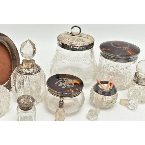 178 - A BOX OF ASSORTED SILVER MOUNTED VANITY JARS AND SCENT BOTTLES, to include a small round glass jar w... 