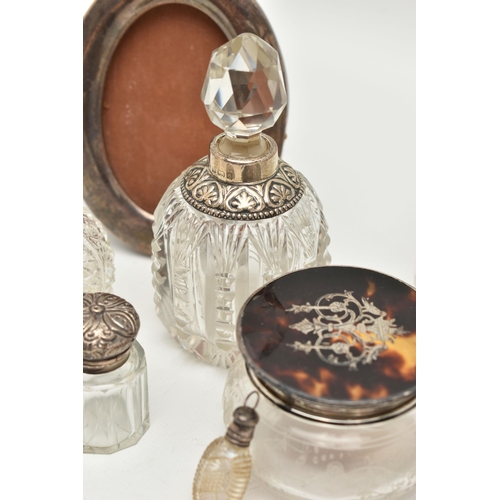 178 - A BOX OF ASSORTED SILVER MOUNTED VANITY JARS AND SCENT BOTTLES, to include a small round glass jar w... 