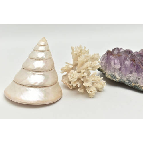 179 - THREE NATURAL SPECIMENS, to include an amethyst crystal specimen, a white coral specimen and a mothe... 