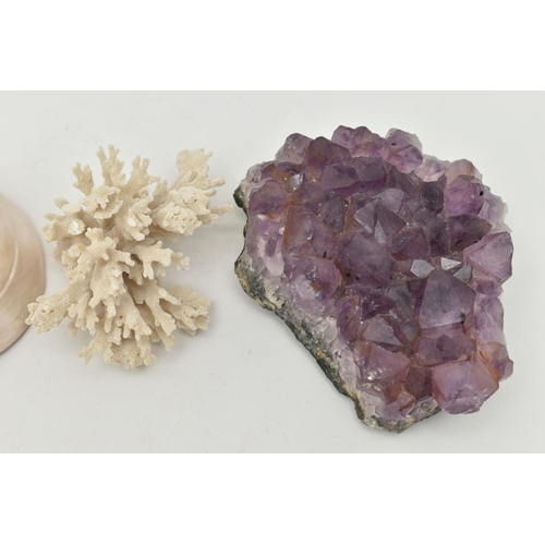 179 - THREE NATURAL SPECIMENS, to include an amethyst crystal specimen, a white coral specimen and a mothe... 