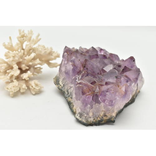 179 - THREE NATURAL SPECIMENS, to include an amethyst crystal specimen, a white coral specimen and a mothe... 