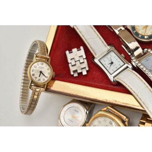 180 - A SMALL BOX OF ASSORTED WRISTWATCHES, to include a ladies 'Tissot' quartz, round mother of pearl dia... 