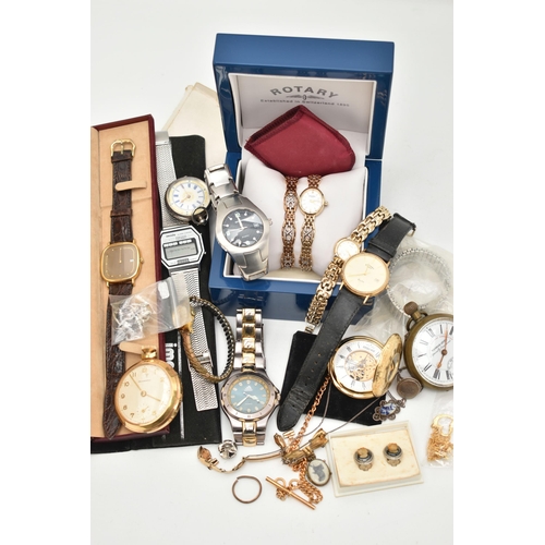 182 - A SELECTION OF ITEMS, to include a 9ct gold gents 'Rotary Elite' wristwatch, hallmarked 9ct London, ... 