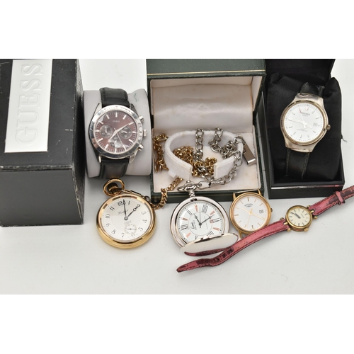 183 - AN ASSORTMENT OF WATCHES, to include a ladies 'Gucci' quartz wristwatch, a gents 'Guess' chronograph... 