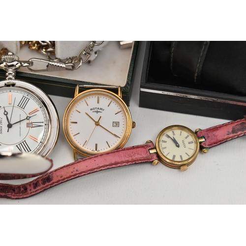 183 - AN ASSORTMENT OF WATCHES, to include a ladies 'Gucci' quartz wristwatch, a gents 'Guess' chronograph... 