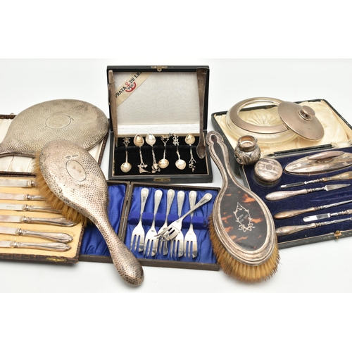 184 - A BOX OF ASSORTED SILVER AND WHITE METAL WARE, to include a silver hammer effect hand held vanity mi... 