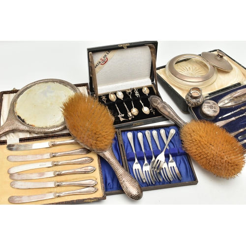 184 - A BOX OF ASSORTED SILVER AND WHITE METAL WARE, to include a silver hammer effect hand held vanity mi... 