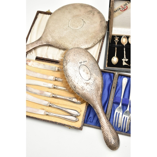 184 - A BOX OF ASSORTED SILVER AND WHITE METAL WARE, to include a silver hammer effect hand held vanity mi... 