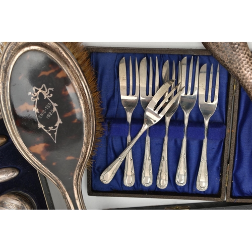 184 - A BOX OF ASSORTED SILVER AND WHITE METAL WARE, to include a silver hammer effect hand held vanity mi... 