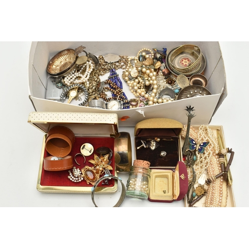 186 - A BOX OF ASSORTED COSTUME JEWELLERY AND ITEMS, to include imitation pearl necklaces, bangles, bracel... 