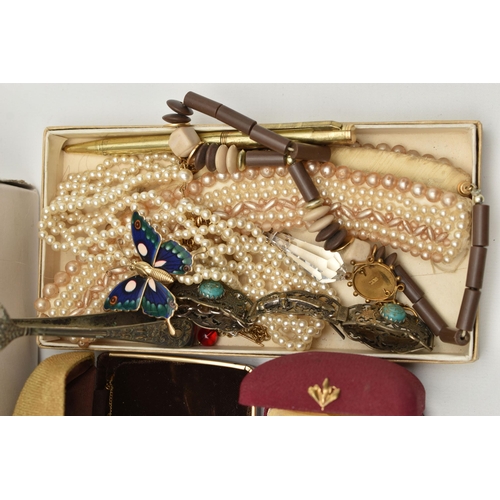 186 - A BOX OF ASSORTED COSTUME JEWELLERY AND ITEMS, to include imitation pearl necklaces, bangles, bracel... 