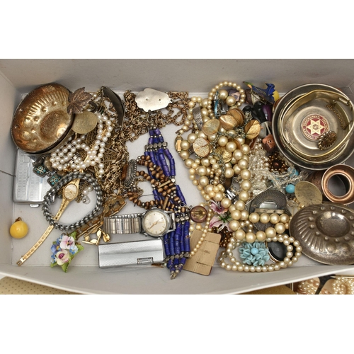 186 - A BOX OF ASSORTED COSTUME JEWELLERY AND ITEMS, to include imitation pearl necklaces, bangles, bracel... 