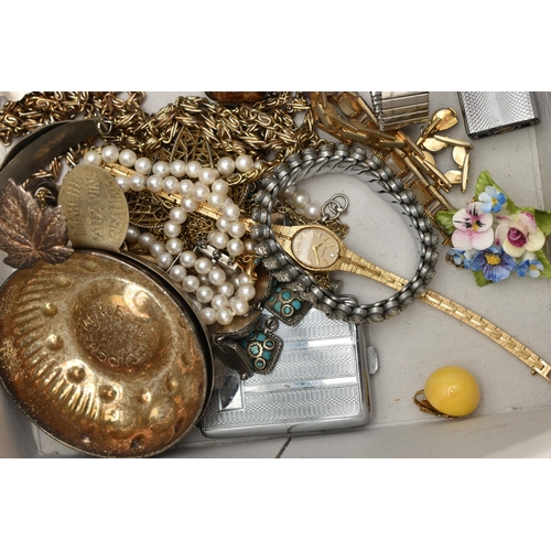 186 - A BOX OF ASSORTED COSTUME JEWELLERY AND ITEMS, to include imitation pearl necklaces, bangles, bracel... 