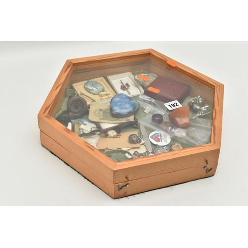 192 - A BOX OF ASSORTED ITEMS, a hexagonal wooden and glass lidded display box with green fabric interior,... 