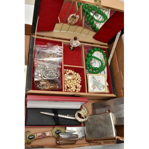 193 - A BOX OF ASSORTED ITEMS, to include a wooden jewellery box with contents of costume jewellery, bangl... 