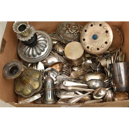 195 - A BOX OF ASSORTED WHITE METAL WARE, to include trays, condiment pieces, entree dishes, cocktail shak... 