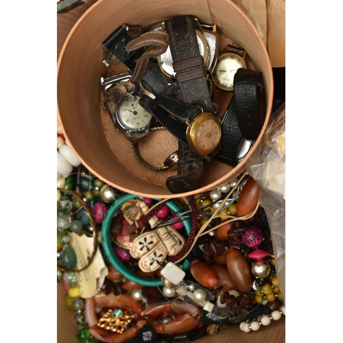 198 - A BOX OF ASSORTED ITEMS, to include three Stratton compacts, a Vogue compact, an Elgin open face poc... 