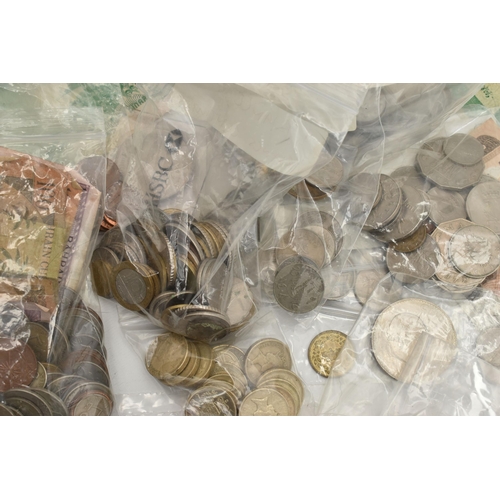 202 - A CARDBOARD BOX CONTAINING WORLD COINS AND BANKNOTES, to include Europe and middle Eastern countries... 