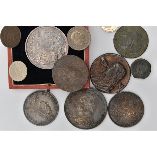 208 - A QUEEN VICTORIA CROWN AND OTHER COINS/MEDALLIONS AND TOKENS, to include a Queen Victoria 1887 crown... 