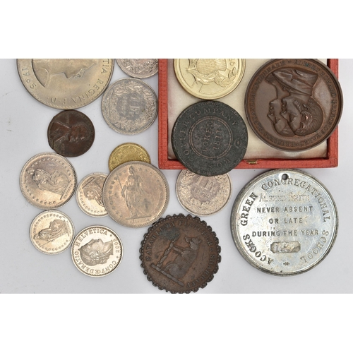 208 - A QUEEN VICTORIA CROWN AND OTHER COINS/MEDALLIONS AND TOKENS, to include a Queen Victoria 1887 crown... 