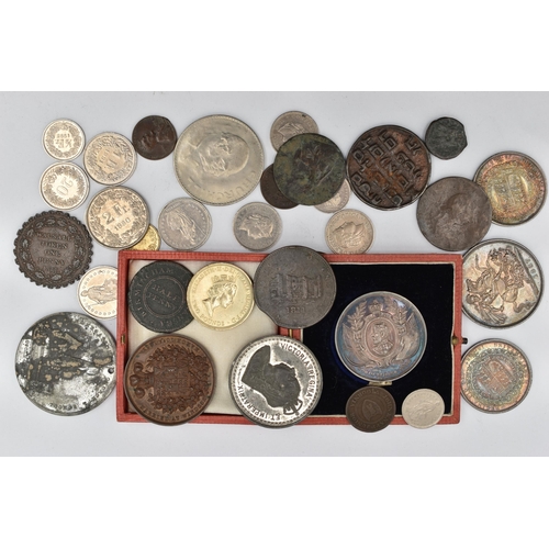 208 - A QUEEN VICTORIA CROWN AND OTHER COINS/MEDALLIONS AND TOKENS, to include a Queen Victoria 1887 crown... 