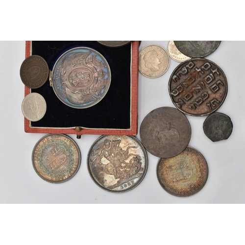 208 - A QUEEN VICTORIA CROWN AND OTHER COINS/MEDALLIONS AND TOKENS, to include a Queen Victoria 1887 crown... 