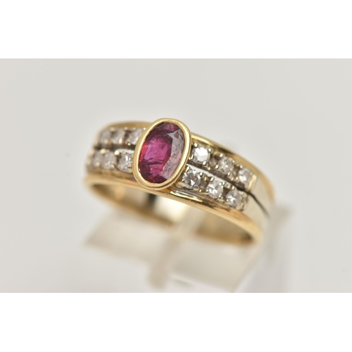 210 - A RUBY AND DIAMOND RING, designed as an oval cut ruby in a collet setting, flanked by two rows of si... 