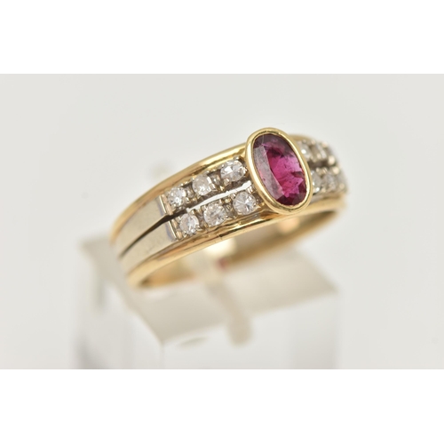 210 - A RUBY AND DIAMOND RING, designed as an oval cut ruby in a collet setting, flanked by two rows of si... 