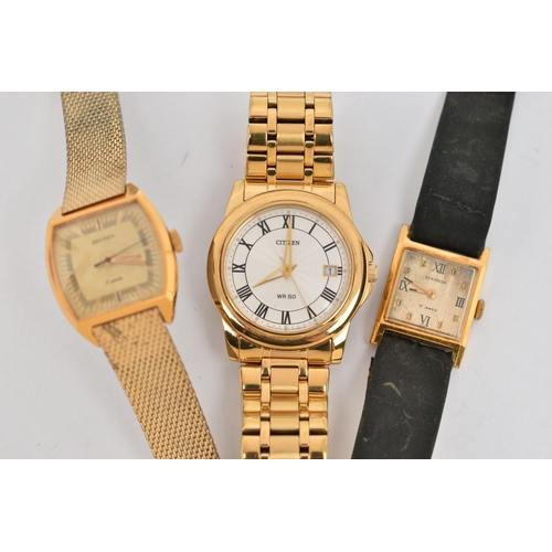 213 - THREE WRISTWATCHES, the first a gents gold plated 'Citizen' WR50, together with two ladies 'Sekonda'... 