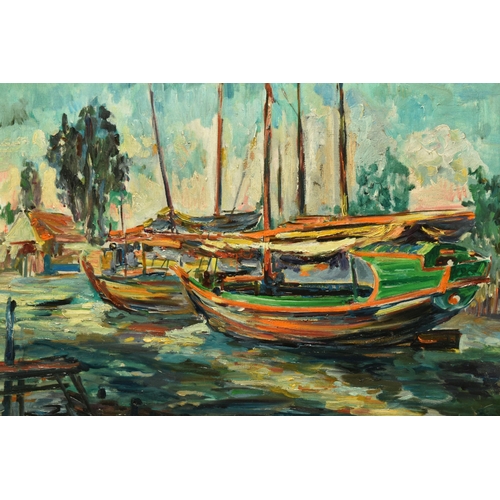 303 - HASAN DJAAFAR (INDONESIA 1919-1995) FISHING BOATS, fishing boats at their moorings against an Indone... 