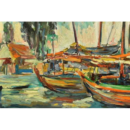 303 - HASAN DJAAFAR (INDONESIA 1919-1995) FISHING BOATS, fishing boats at their moorings against an Indone... 